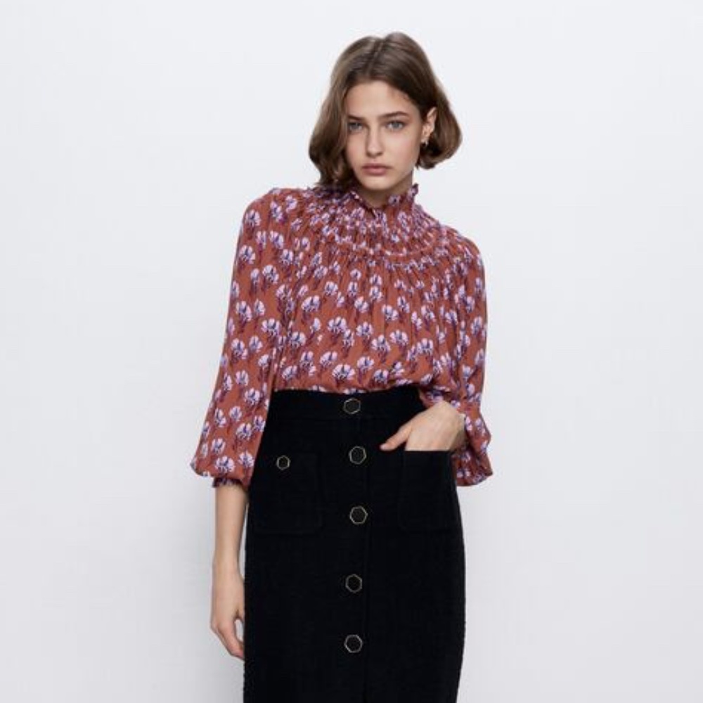 Zara Smoked Floral Top Blouse Size M